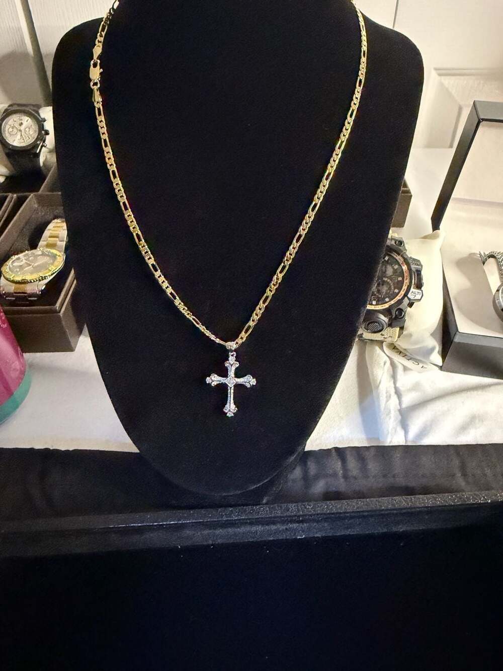 14k Gold Filled Figaro Chain with Moissanite Cross Pendant